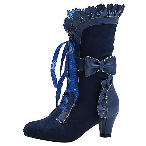 HapyLady Damen Süss Bow Stiefel Mid Heel Lace Up Moccasin Boot Mid Calf Lolita Slouch Stiefel Ruffle Stiefel Blue Gr 38 Asian von HapyLady
