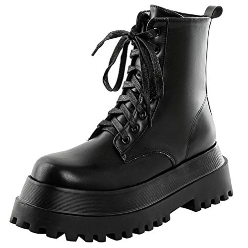 HapyLady Mode Combat Boots Damen Flatform Stiefeletten Lace up Gotische Stiefel Plateau Mid Calf Biker Stiefel Cosplay Schuhe Black Gr 34 von HapyLady