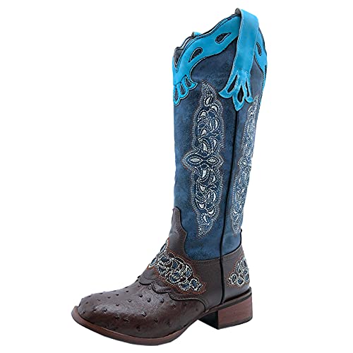 HapyLady Vintage Damen Western Stiefel Mid Calf Pull On Round Up Wide Open Half Boots Square Toe Cowboystiefel Farbig Blue Size 39 Asian von HapyLady