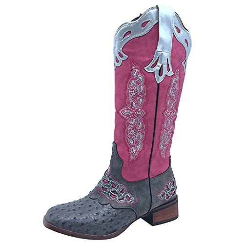 HapyLady Vintage Damen Western Stiefel Mid Calf Pull On Round Up Wide Open Half Boots Square Toe Cowboystiefel Farbig Pink Size 42 Asian von HapyLady