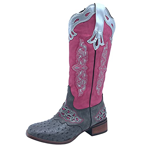 HapyLady Vintage Damen Western Stiefel Mid Calf Pull On Round Up Wide Open Half Boots Square Toe Cowboystiefel Farbig Pink Size 43 Asian von HapyLady