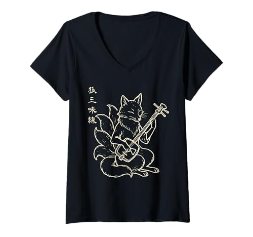 Damen Kitsune Shamisen Minimalist Harajuku Japanischer Fuchs T-Shirt mit V-Ausschnitt Damen Kitsune Shamisen Minimalist Harajuku Japanischer Fuchs T-Shirt mit V-Ausschnitt von Harajuku Aesthetic Mythical Fox Line Art design