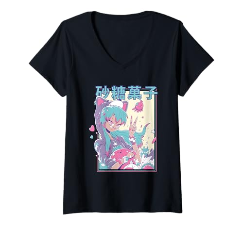 Damen Candycore Kawaii Anime-Mädchen T-Shirt mit V-Ausschnitt von Harajuku Anime Girls Art
