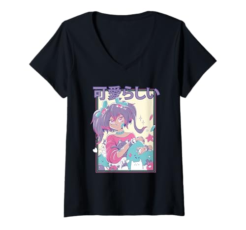 Damen Kawaii Candycore Anime-Mädchen T-Shirt mit V-Ausschnitt von Harajuku Anime Girls Art