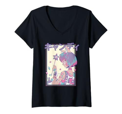 Damen Kawaii Candycore Anime-Mädchen T-Shirt mit V-Ausschnitt von Harajuku Anime Girls Art