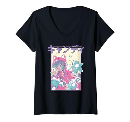 Damen Kawaii Candycore Bezauberndes Anime-Mädchen T-Shirt mit V-Ausschnitt von Harajuku Anime Girls Art
