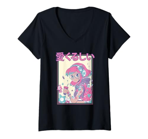 Damen Kawaii Candycore Bezauberndes Anime-Mädchen T-Shirt mit V-Ausschnitt von Harajuku Anime Girls Art