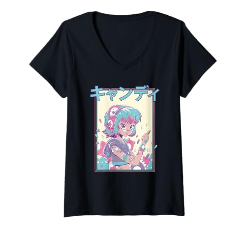 Damen Kawaii Candycore Bezauberndes Anime-Mädchen T-Shirt mit V-Ausschnitt von Harajuku Anime Girls Art