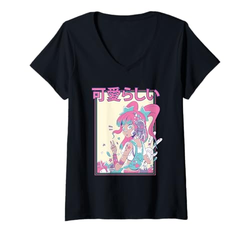 Damen Kawaii Candycore Bezauberndes Anime-Mädchen T-Shirt mit V-Ausschnitt von Harajuku Anime Girls Art