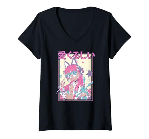 Damen Kawaii Candycore Liebenswertes Anime-Mädchen T-Shirt mit V-Ausschnitt von Harajuku Anime Girls Art