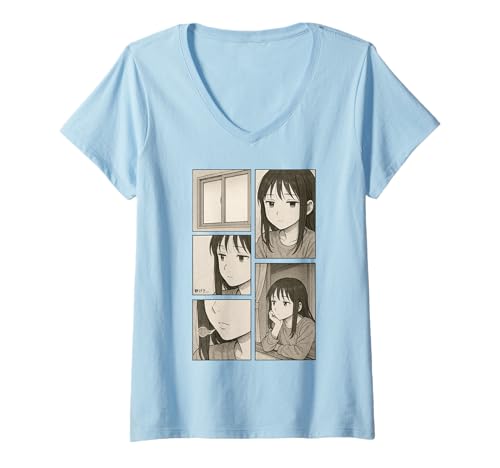 Damen Minimalistischer Manga Antisocial Shojo Anime Harajuku T-Shirt mit V-Ausschnitt Damen Minimalistischer Manga Antisocial Shojo Anime Harajuku T-Shirt mit V-Ausschnitt von Harajuku Line Art Manga Anime Shojo Anime Design