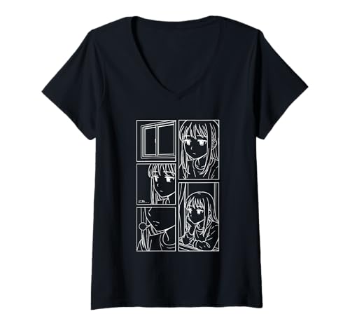 Damen Minimalistischer Manga Antisocial Shojo Anime Harajuku T-Shirt mit V-Ausschnitt Damen Minimalistischer Manga Antisocial Shojo Anime Harajuku T-Shirt mit V-Ausschnitt von Harajuku Line Art Manga Anime Shojo Anime Design