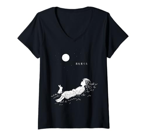 Damen Minimalistische Dreamy Night Anime Girl Rabbit Harajuku T-Shirt mit V-Ausschnitt Damen Minimalistische Dreamy Night Anime Girl Rabbit Harajuku T-Shirt mit V-Ausschnitt von Harajuku Minimalist Anime Shojo Antisocial
