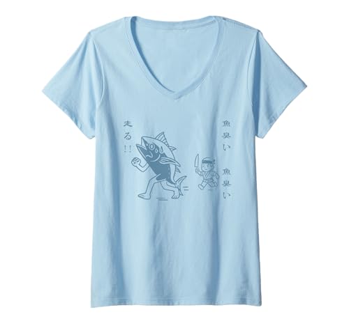 Damen Lustige Harajuku Sushi Chef Fisch Running Line Art T-Shirt mit V-Ausschnitt Damen Lustige Harajuku Sushi Chef Fisch Running Line Art T-Shirt mit V-Ausschnitt von Harajuku Sushi Chef Fish Minimalist Design