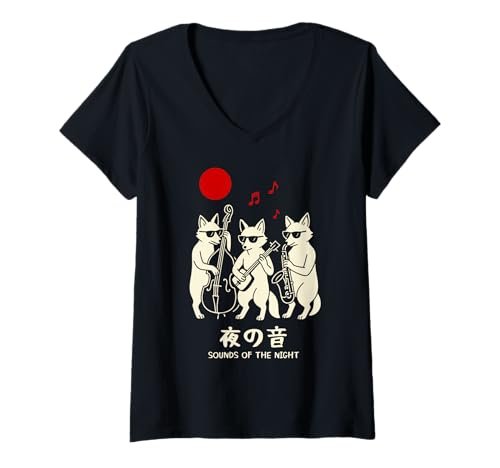 Damen Cool Jazz Fox Kitsune Band Kawaii Japanisch Harajuku T-Shirt mit V-Ausschnitt Damen Cool Jazz Fox Kitsune Band Kawaii Japanisch Harajuku T-Shirt mit V-Ausschnitt von Harajuku Trio Fox Minimalist Jazz Music Otaku