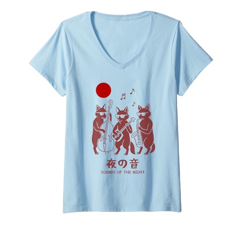 Damen Jazz Fox Band Kawaii Japanisch Harajuku T-Shirt mit V-Ausschnitt Damen Jazz Fox Band Kawaii Japanisch Harajuku T-Shirt mit V-Ausschnitt von Harajuku Trio Fox Minimalist Jazz Music Otaku