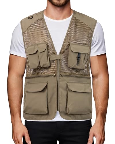 Harbrosrce Herren Anglerweste Outdoor Weste Jagdweste Gilet Safari Weste Mehrfachtaschen Ärmellos Angeljacke für Fotografie Lässig Camping von Harbrosrce
