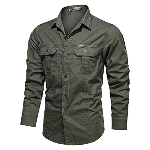 Harbrosrce Herren Baumwolle Gewaschenes Arbeitshemd Militärstil Freizeithemd Langarm Westernhemden Button-Down-Shirts für Wandern Angeln Golf, armee-grün, M von Harbrosrce