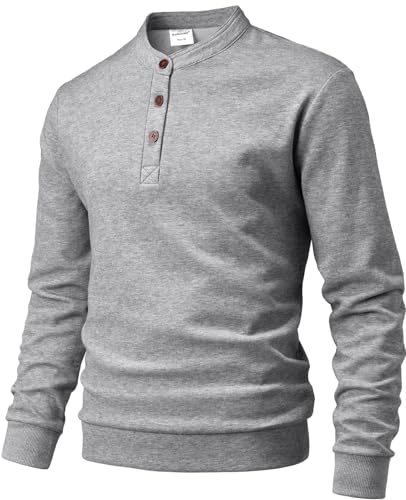 Harbrosrce Herren Fleece Sweatshirt Henley Pullover Langarmshirt Baumwolle Basic Fleecepullover von Harbrosrce