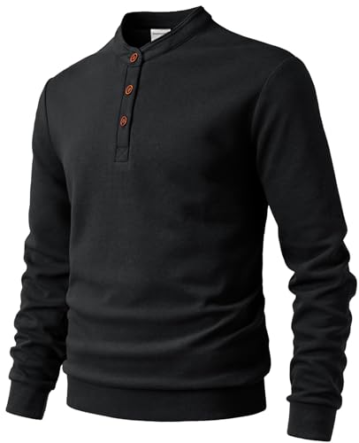 Harbrosrce Herren Fleece Sweatshirt Henley Pullover Langarmshirt Baumwolle Basic Fleecepullover von Harbrosrce