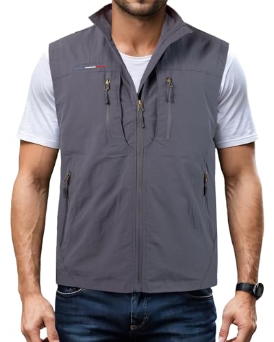 Harbrosrce Herren Outdoor Weste Standkragen Anglerweste Golf Leicht Gilet Schnelltrocknende Ärmellose Jacke Arbeitsweste Jagdweste mit Vielen Taschen für Safari Fotografie von Harbrosrce
