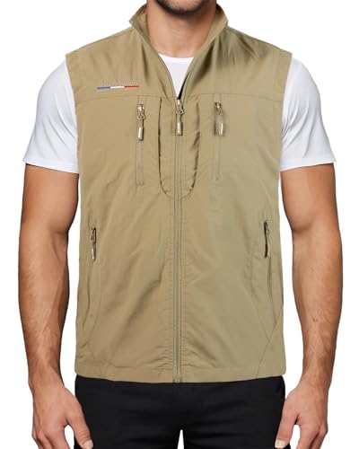 Harbrosrce Herren Outdoor Weste Standkragen Anglerweste Golf Leicht Gilet Schnelltrocknende Ärmellose Jacke Arbeitsweste Jagdweste mit Vielen Taschen für Safari Fotografie von Harbrosrce