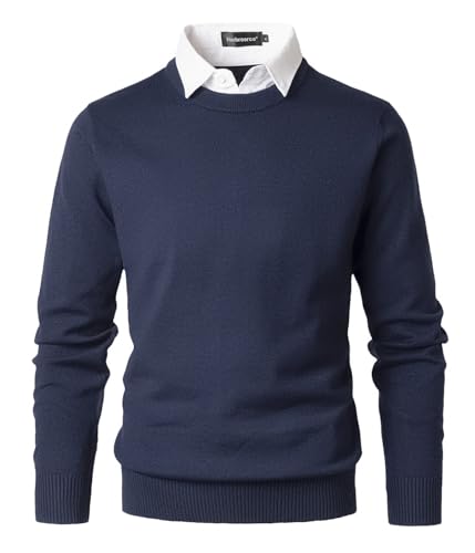 Harbrosrce Herren Pullover mit Rundhalsausschnitt Strickpullover mit Mock Shirt Kragen Feinstrick Winterpullover 2 in 1 Langarm Pulli Sweater Männer von Harbrosrce