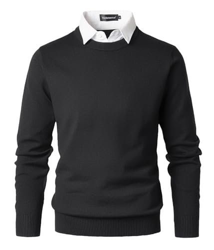 Harbrosrce Herren Pullover mit Rundhalsausschnitt Strickpullover mit Mock Shirt Kragen Feinstrick Winterpullover 2 in 1 Langarm Pulli Sweater Männer von Harbrosrce