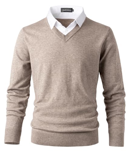 Harbrosrce Herren Strick Pullover V Ausschnitt Strickpullover Feinstrick Mock Hemdkragen Strickwaren Lange Ärme Gestrickt Strickjacke Sweatshirt Pulli von Harbrosrce