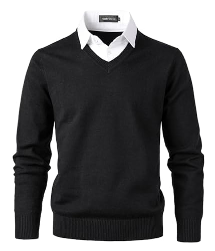 Harbrosrce Herren Strick Pullover V Ausschnitt Strickpullover Feinstrick Mock Hemdkragen Strickwaren Lange Ärme Gestrickt Strickjacke Sweatshirt Pulli von Harbrosrce