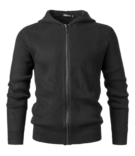 Harbrosrce Herren Strickcardigan mit Hoodie Full Zip Up Sweater Langarm Casual Einfarbig Slim Fit Strickwaren Outdoor Grobstrick Jersey Jacke Top, Schwarz , L von Harbrosrce