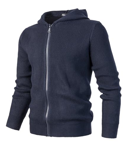 Harbrosrce Herren Strickcardigan mit Hoodie Full Zip Up Sweater Langarm Casual Einfarbig Slim Fit Strickwaren Outdoor Grobstrick Jersey Jacke Top, marineblau, L von Harbrosrce