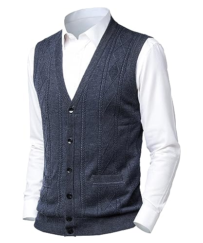 Harbrosrce Herren Strickweste Ärmellos Zopfmuster Wollmischung Weste Strickjacke ohne Ärmel Strickpullover Tank Tops mit Knöpfen für Gentleman von Harbrosrce