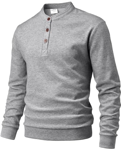 Harbrosrce Herren Henley Fleece-Sweatshirt Pullover Baumwolle Langarm Fleecepullover mit Knöpfen von Harbrosrce