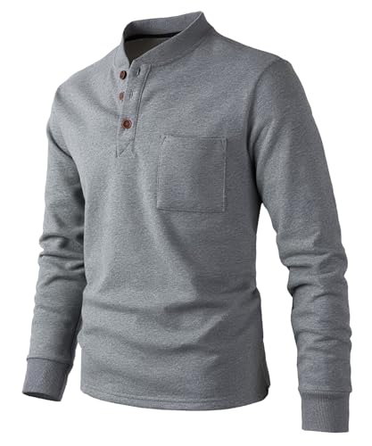 Harbrosrce Herren Henley Fleece-Sweatshirt Pullover Baumwolle Langarm Fleecepullover mit Knöpfen von Harbrosrce