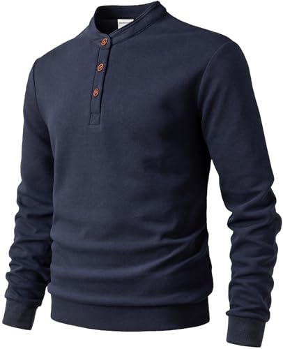 Harbrosrce Herren Fleece Sweatshirt Henley Pullover Langarmshirt Baumwolle Basic Fleecepullover von Harbrosrce