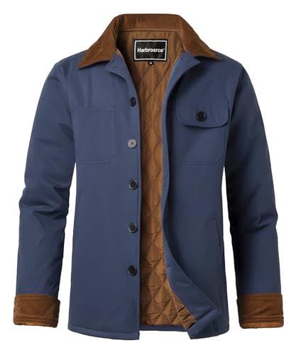 Harbrosrce Herren Winterjacke Gefüttert Arbeitsjacke Warme Steppjacke Reverskragen Hemdjacke Warmes Casual Übergangsjacke Baumwolle Winddichte Feldjacke von Harbrosrce