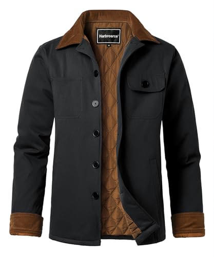 Harbrosrce Herren Winterjacke Gefüttert Arbeitsjacke Warme Steppjacke Reverskragen Hemdjacke Warmes Casual Übergangsjacke Baumwolle Winddichte Feldjacke von Harbrosrce