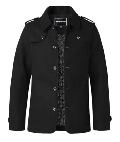 Harbrosrce Herren Wintermantel Wolle Kurzmantel Schwarz Wollmantel Stehkragen Winterjacke Mittellang Business Freizeit Gepolstert Gefüttert Peacoat von Harbrosrce