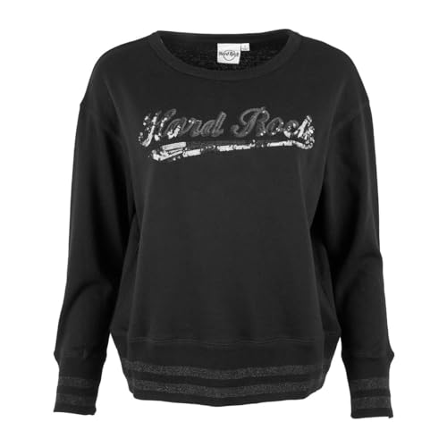 Hard Rock Damen Sweatshirt Script Pailletten Bling Rundhalsausschnitt, Schwarz, XL von Hard Rock