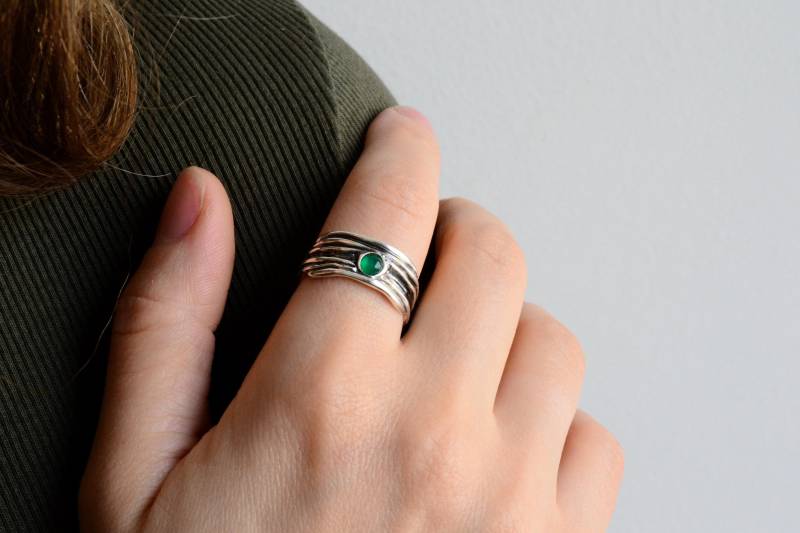 statement Breit Bandring , Alternative 925 Silber Edelstein Mutige Ring Lapis Lazuli Grün Achat Granat Amethyst von HardResols