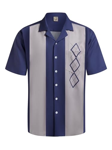 Hardaddy Herren Camp-Kragen Retro Vintage Bowling Button Down Hemd mit Tasche Casual Kurzarm Strand Shirts Sommer, Grau-Blau gemustert, L von Hardaddy