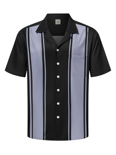 Hardaddy Herren Camp-Kragen Retro Vintage Bowling Button Down Hemd mit Tasche Casual Kurzarm Strand Shirts Sommer, Schwarz Grau gestreift, Mittel von Hardaddy