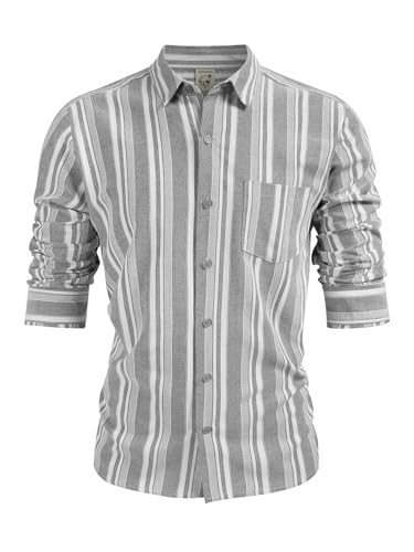 Hardaddy Herren Vertikal Gestreiftes Kleid Hemd Baumwolle Streifen Button Down Hemd Langarm für Männer mit Tasche, Grau, 3X-Groß von Hardaddy