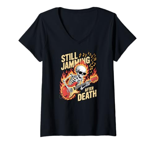 Damen Skelett-Gitarrist On Fire Rock Jam Session T-Shirt mit V-Ausschnitt Damen Skelett-Gitarrist On Fire Rock Jam Session T-Shirt mit V-Ausschnitt von Hardcore Music Apparel Gifts by Anastasia