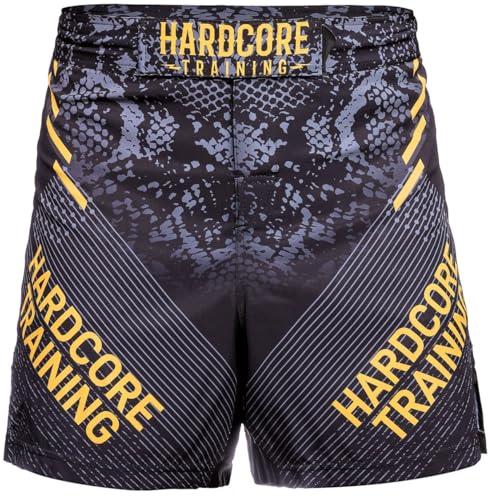 Hardcore Training Boxing Dragon Fight Shorts Kurze Hose Herren MMA BJJ Grappling Fitness Boxen Muay Thai No Gi (DE/NL/SE/PL, Alphanumerisch, L, Regular, Regular, Black Grey Yellow) von Hardcore Training