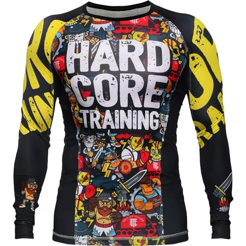 Hardcore Training Herren Manner Rashguard Kompression Lange Armel Jiu Jitsu MMA No-Gi Enge BJJ Grappling Basisschicht Kampf (XXL, Black Yellow) von Hardcore Training