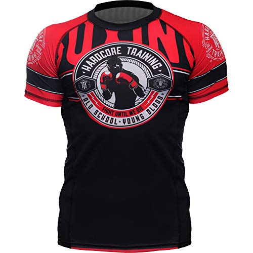 Hardcore Training Herren Rashguard Compression Short Sleeve MMA Jiu Jitsu No-Gi Tight BJJ Grappling Base Layer Combat, Schwarz Rot, XX-Large von Hardcore Training