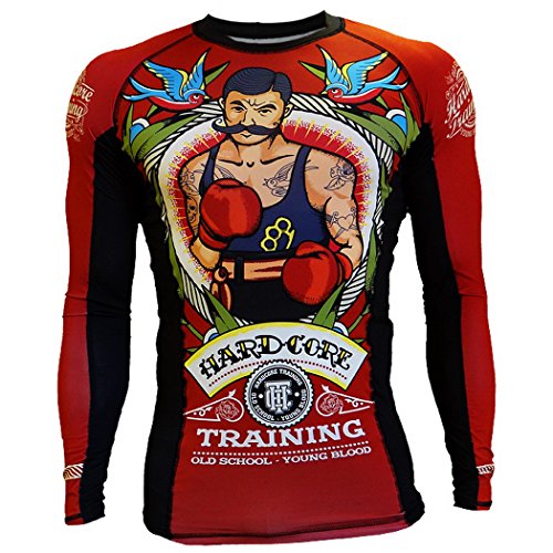 Hardcore Training Herren Rashguard Kompression Langarm Jiu Jitsu, MMA No-Gi, Tight BJJ Grappling Base Layer Combat, Rot/Ausflug, einfarbig (Getaway Solids), 3X-Groß von Hardcore Training