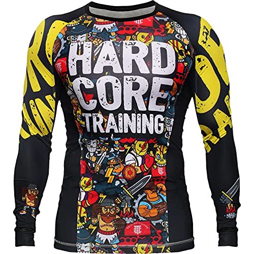 Hardcore Training Herren Rashguard Kompression Langarm Jiu Jitsu, MMA No-Gi, Tight BJJ Grappling Base Layer Combat, Schwarz / Gelb, XL von Hardcore Training